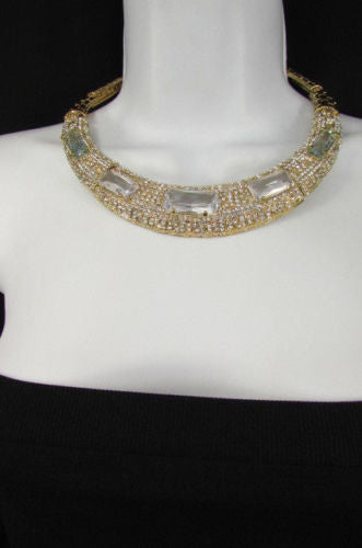 Gold Metal Short Choker Necklace Big Multi Rhinestones Earring Set New Women Fashion Accessories