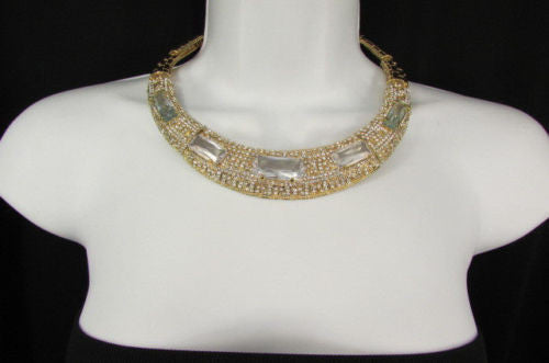 Gold Metal Short Choker Necklace Big Multi Rhinestones Earring Set New Women Fashion Accessories