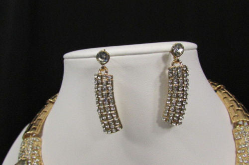 Gold Metal Short Choker Necklace Big Multi Rhinestones Earring Set New Women Fashion Accessories
