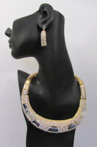 Gold Metal Short Choker Necklace Big Multi Rhinestones Earring Set New Women Fashion Accessories