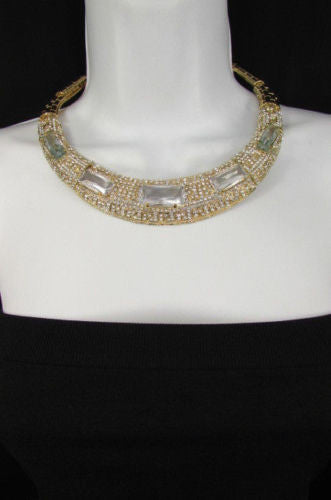 Gold Metal Short Choker Necklace Big Multi Rhinestones Earring Set New Women Fashion Accessories