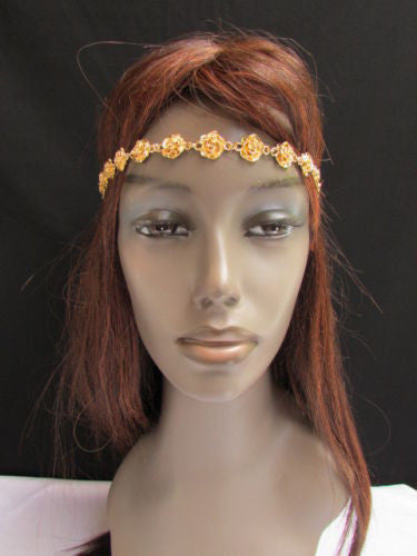 Gold Metal Elastic Head Chain Multi Flowers Leaves New Women Fashion Hair Accessories