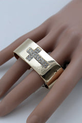 Gold Metal Wide Band 2 Finger Religious Cross Bling Ring Women Trendy