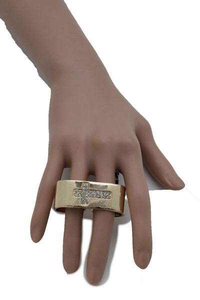 Gold Metal Wide Band 2 Finger Religious Cross Bling Ring New Women Trendy Fashion Accessories