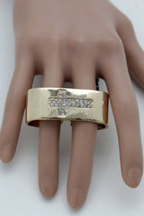 Gold Metal Wide Band 2 Finger Religious Cross Bling Ring Women Trendy
