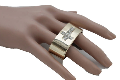 Gold Metal Wide Band 2 Finger Religious Cross Bling Ring New Women Trendy Fashion Accessories