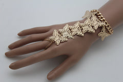 Gold Metal Wrist Bracelet Hand Chain Long Finger Multi Cute Butterfly