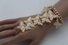Gold Metal Wrist Bracelet Hand Chain Long Finger Multi Cute Butterfly