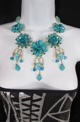 Gold Metals Chains White Or Aqua Blue Multi Trendy Beads Flowers Bib Necklace