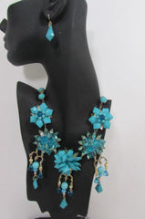 Gold Metals Chains White Or Aqua Blue Multi Trendy Beads Flowers Bib Necklace