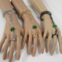 Gold Silver Black Metal Hand Chain Bracelet Connected Green Marihuana Leaves Women Trendy