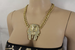 Gold Silver Metal Chain Egyptian Pharaoh Pendant Silver Rhinestones Bead Necklace