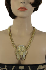 Gold Silver Metal Chain Egyptian Pharaoh Pendant Silver Rhinestones Bead Necklace