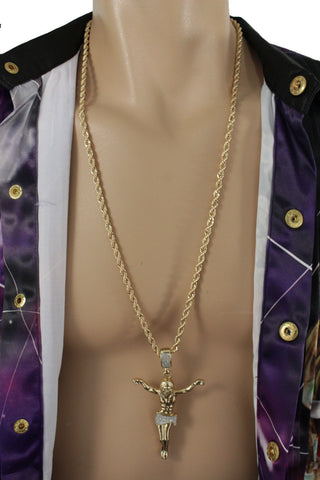 Gold Silver Metal Chain Long Necklace Cross Jesus Christ Pendant New Men Fashion Accessories