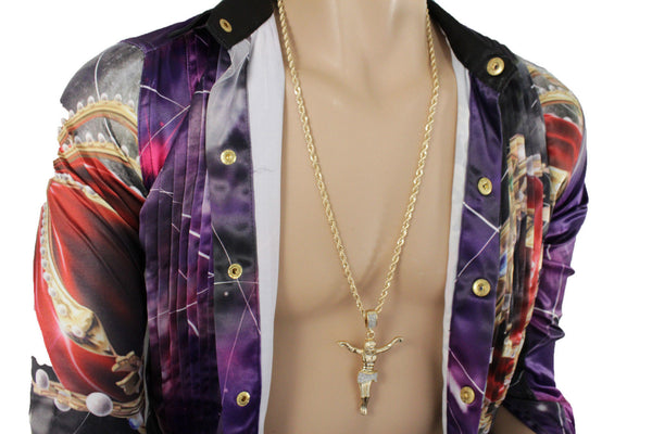 Gold Silver Metal Chain Long Necklace Cross Jesus Christ Pendant New Men Fashion Accessories