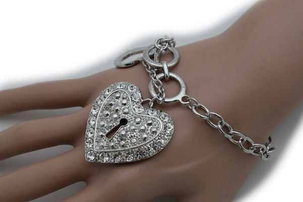 Gold Silver Metal Chains Bracelet Heart Charm Lock Key Love Brown Clear Beads Women Accessories