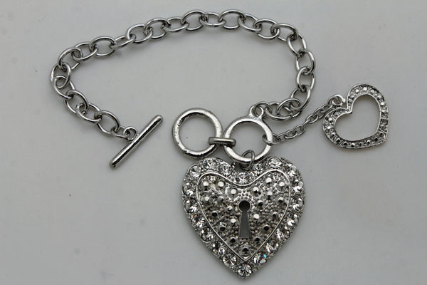Gold Silver Metal Chains Bracelet Heart Charm Lock Key Love Brown Clear Beads Women Accessories