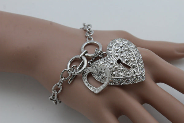 Gold Silver Metal Chains Bracelet Heart Charm Lock Key Love Brown Clear Beads Women Accessories