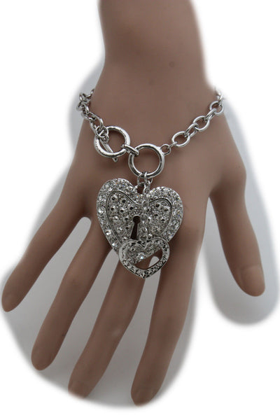 Gold Silver Metal Chains Bracelet Heart Charm Lock Key Love Brown Clear Beads Women Accessories