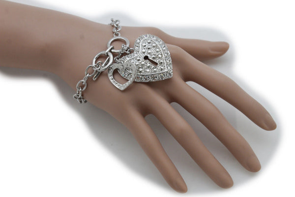 Gold Silver Metal Chains Bracelet Heart Charm Lock Key Love Brown Clear Beads Women Accessories