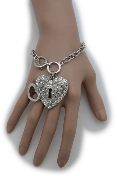 Gold Silver Metal Chains Bracelet Heart Charm Lock Key Love Brown Clear Beads Women Accessories
