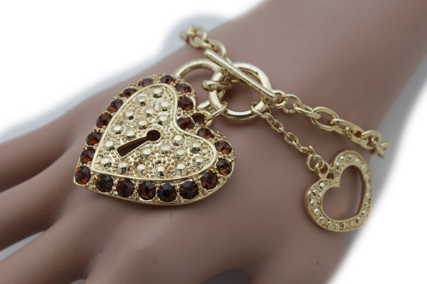 Gold Silver Metal Chains Bracelet Heart Charm Lock Key Love Brown Clear Beads Women Accessories