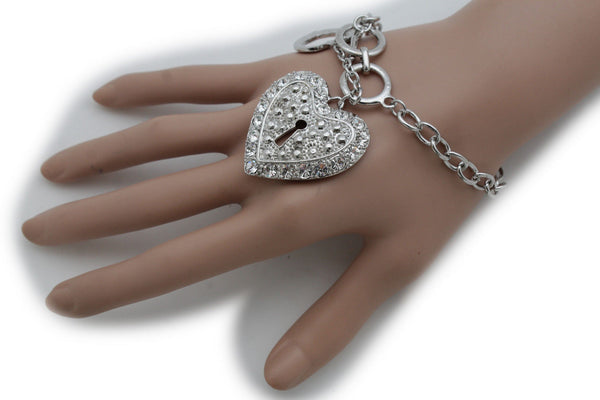 Gold Silver Metal Chains Bracelet Heart Charm Lock Key Love Brown Clear Beads Women Accessories