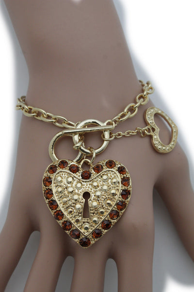 Gold Silver Metal Chains Bracelet Heart Charm Lock Key Love Brown Clear Beads Women Accessories