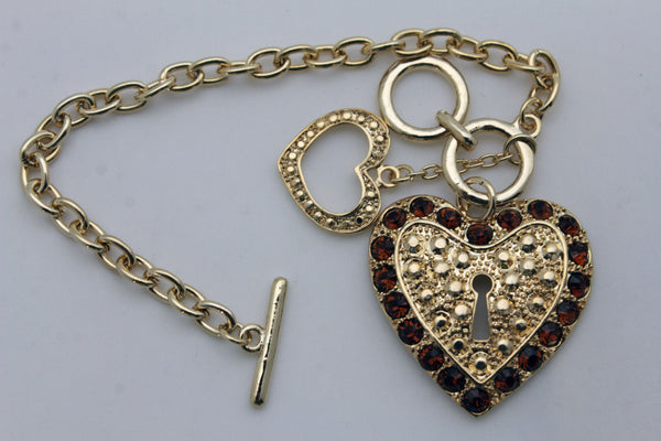Gold Silver Metal Chains Bracelet Heart Charm Lock Key Love Brown Clear Beads Women Accessories