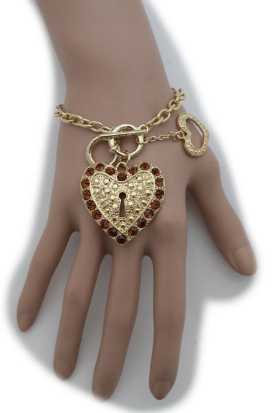 Gold Silver Metal Chains Bracelet Heart Charm Lock Key Love Brown Clear Beads Women Accessories