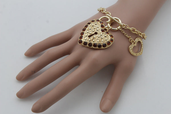 Gold Silver Metal Chains Bracelet Heart Charm Lock Key Love Brown Clear Beads Women Accessories