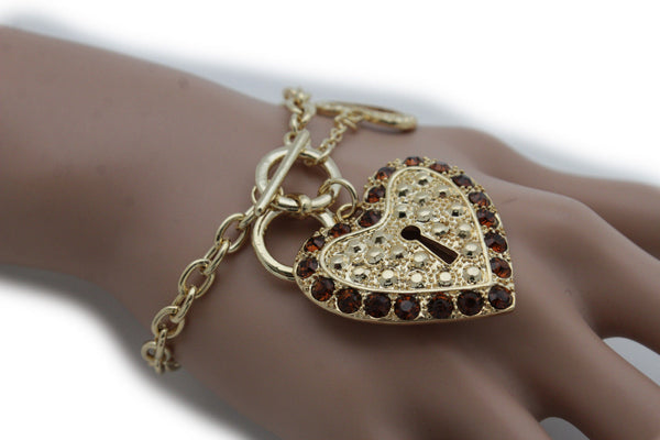 Gold Silver Metal Chains Bracelet Heart Charm Lock Key Love Brown Clear Beads Women Accessories