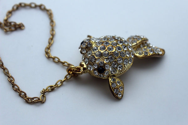 Gold Silver Metal Chains Fish Pendant Charm Rhinestones Long Necklace New Women Accessories
