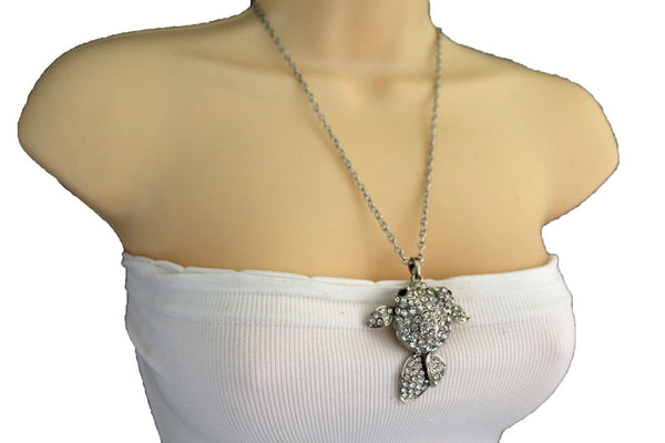 Gold Silver Metal Chains Fish Pendant Charm Rhinestones Long Necklace New Women Accessories