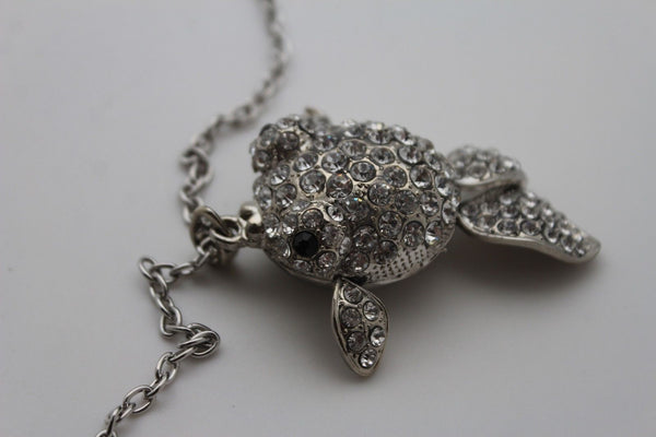 Gold Silver Metal Chains Fish Pendant Charm Rhinestones Long Necklace New Women Accessories
