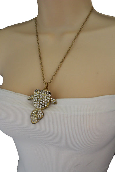 Gold Silver Metal Chains Fish Pendant Charm Rhinestones Long Necklace New Women Accessories