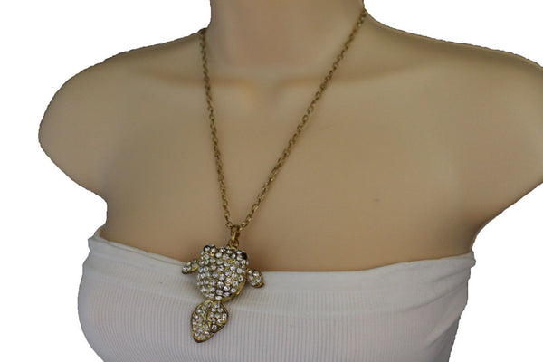 Gold Silver Metal Chains Fish Pendant Charm Rhinestones Long Necklace New Women Accessories