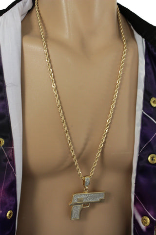 Gold Silver Metal Chains Hip Hop Necklace Iced Out Gun Pendant Pistol New Men Fashion Accessories