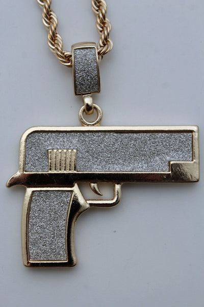 Gold Silver Metal Chains Hip Hop Necklace Iced Out Gun Pendant Pistol New Men Fashion Accessories