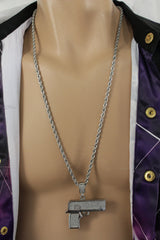 Iced Out Gun Pendant Long Metal Chain Necklace