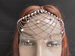 Gold Silver Metal Forehead Head Chain Rhinestones Multi Waves Hair
