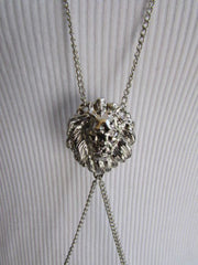 Gold Silver Metal Full Body Chain Face Front Head Lion Trendy Necklace Accessories