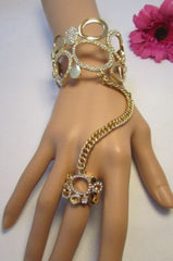 Gold Silver Metal Hand Chain Bracelet Cuff Multi Circles Shape Clear Rhinestones Women Trendy