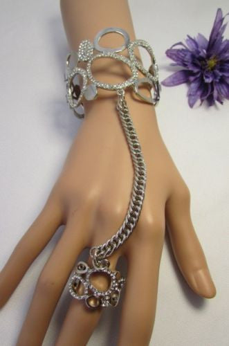 Gold Silver Metal Hand Chain Bracelet Cuff Slave Ring Multi Circles Shape Clear Rhinestones New Women Trendy Fashion Accessories