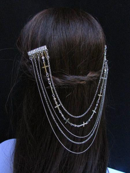 Gold Silver Metal Long Chain Front Back Multi Cross Drapes Rhinestones Hair Pin Accessories