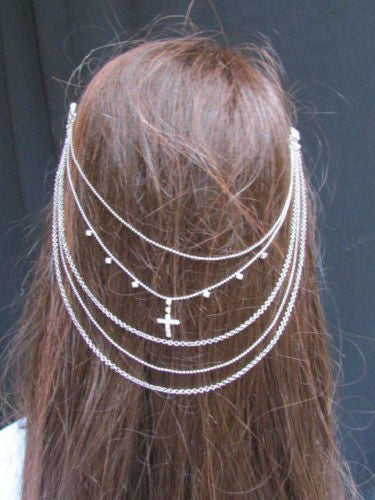 Gold Silver Metal Long Chain Front Back Multi Cross Drapes Rhinestones Hair Pin Accessories