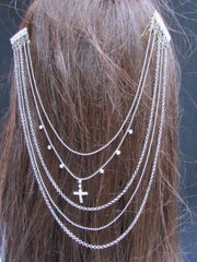 Gold Silver Metal Long Chain Front Back Multi Cross Drapes Rhinestones Hair Pin
