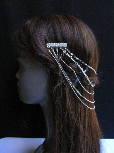 Gold Silver Metal Long Chain Front Back Multi Cross Drapes Rhinestones Hair Pin Accessories