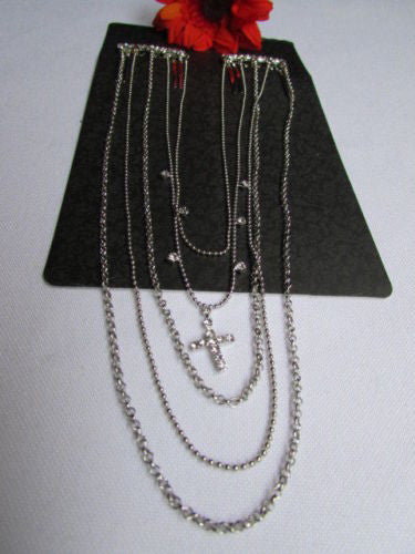Gold Silver Metal Long Chain Front Back Multi Cross Drapes Rhinestones Hair Pin Accessories