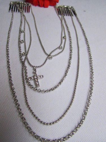 Gold Silver Metal Long Chain Front Back Multi Cross Drapes Rhinestones Hair Pin Accessories